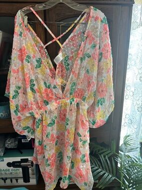 Floral Sheer V-Neck Mini swimsuit cover up in Coral & Yellow